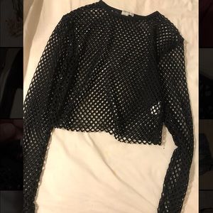 Forever 21 black fish net long sleeve crop top